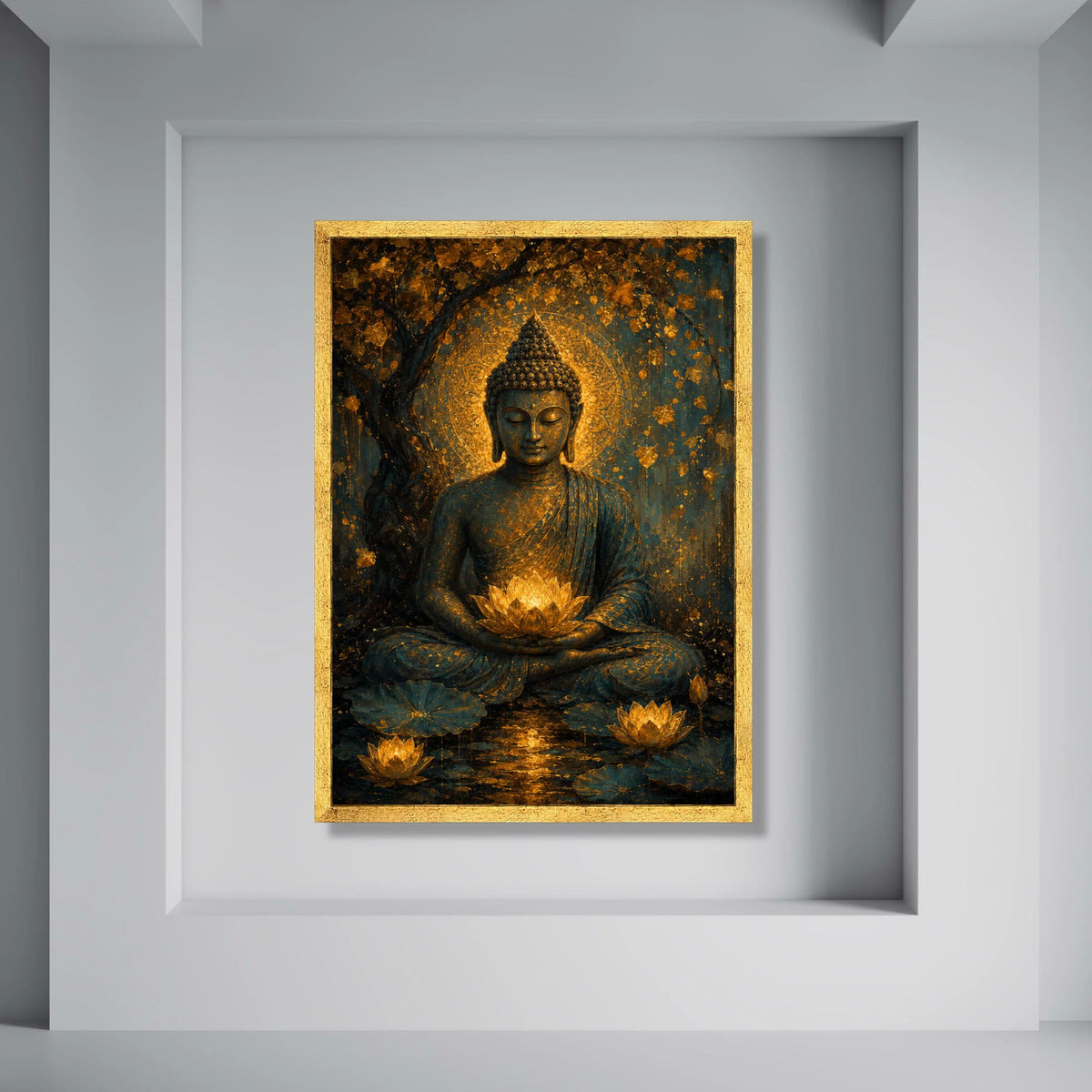 Meditative Buddha Canvas Wall Art, Golden Lotus Bloom, Spiritual Home Decor, Peaceful Zen Landscape, Tranquil Buddha Statue Print Art