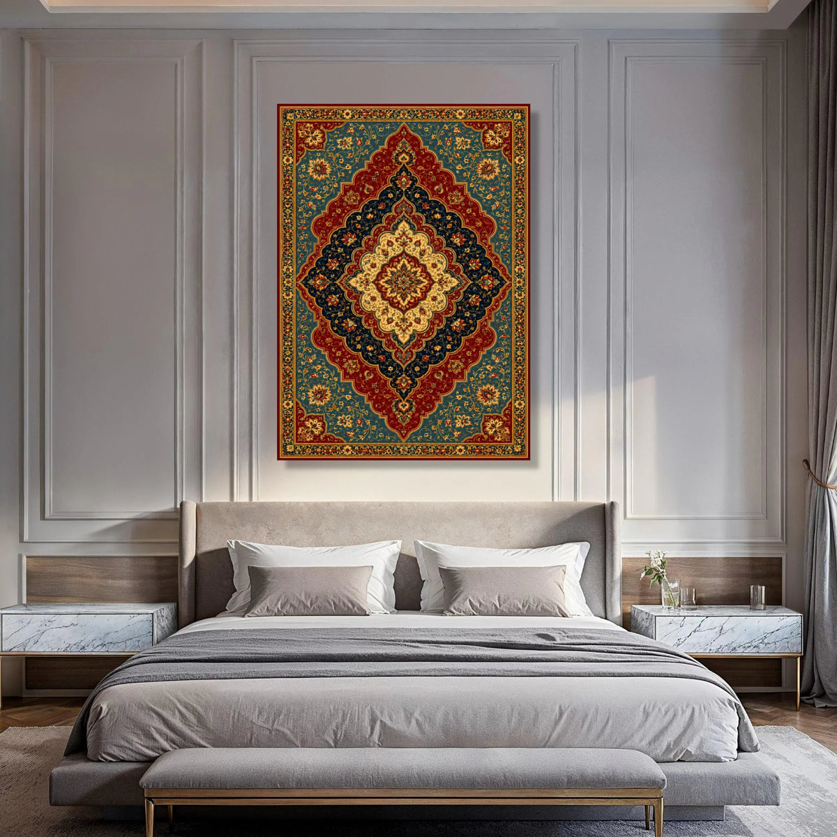 Ornate Persian Style Floral Canvas Wall Art, Vintage Medallion Design, Traditional Decorative Home Accent, Rich Color Floral Print Art