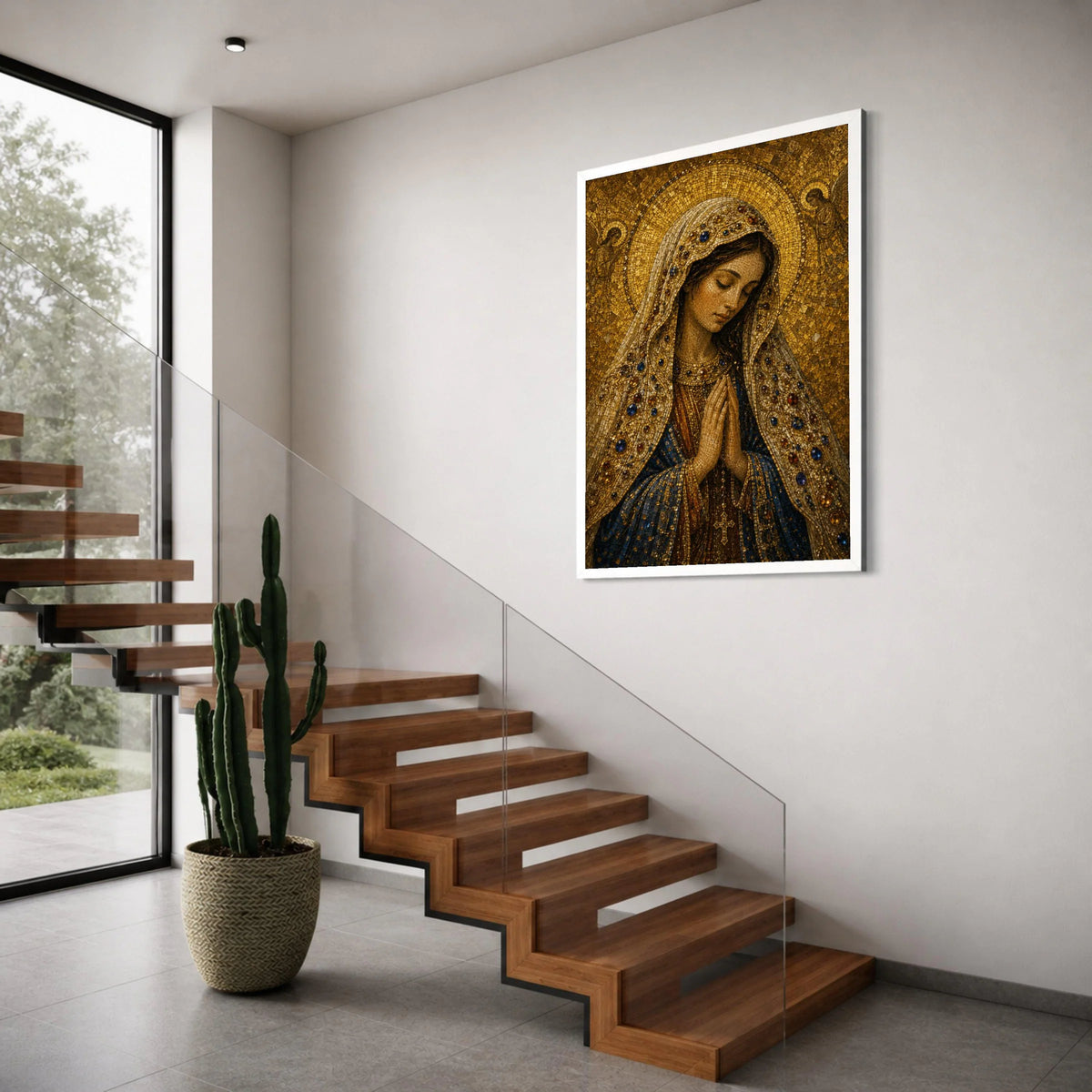 Praying Virgin Mary Canvas Wall Art, Religious Mosaic Design, Christian Spiritual Decor, Sacred Madonna Portrait, Inspirational Print Art