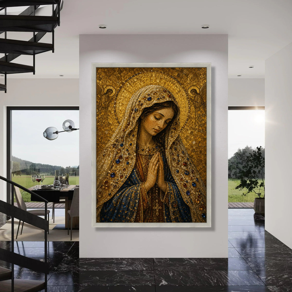 Praying Virgin Mary Canvas Wall Art, Religious Mosaic Design, Christian Spiritual Decor, Sacred Madonna Portrait, Inspirational Print Art