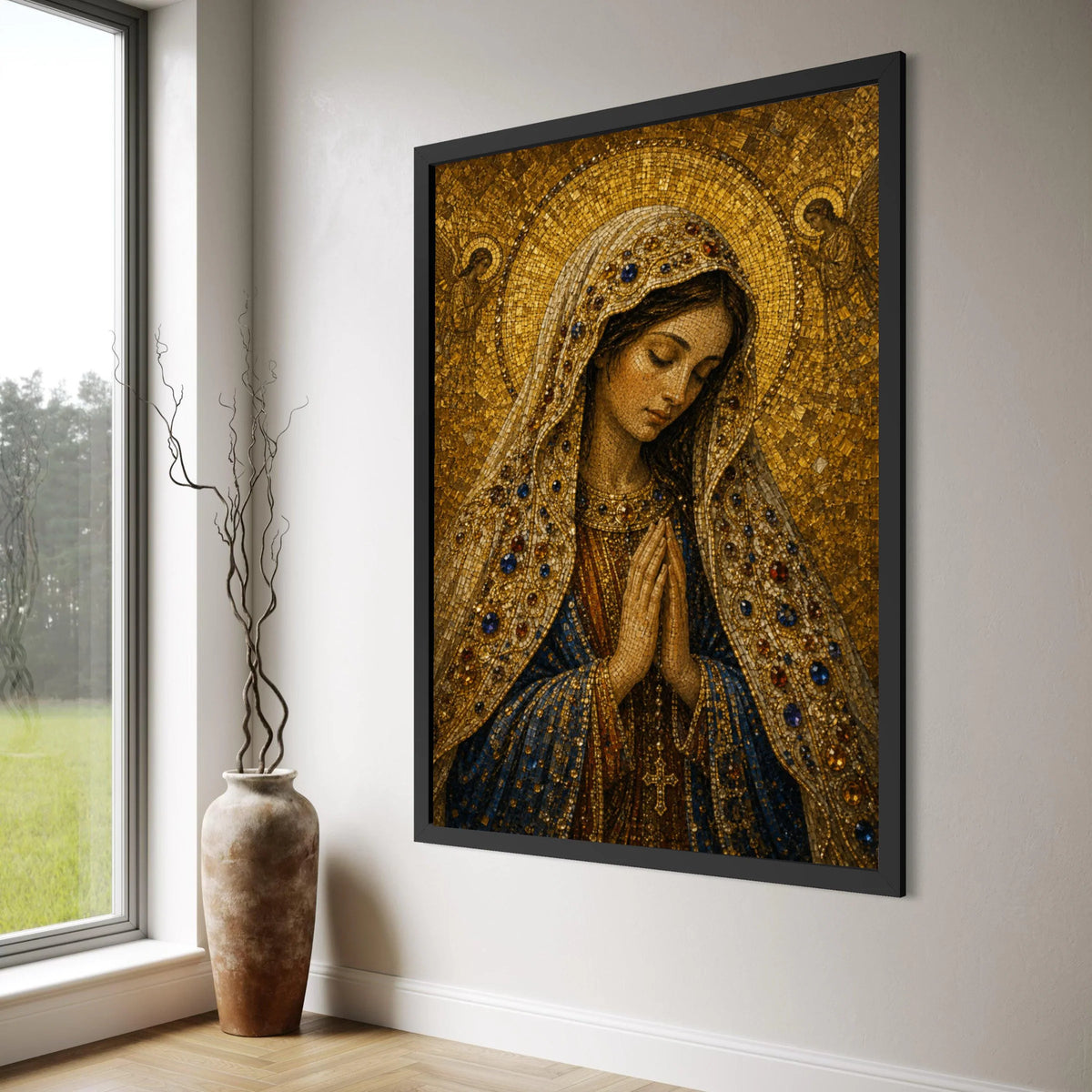 Praying Virgin Mary Canvas Wall Art, Religious Mosaic Design, Christian Spiritual Decor, Sacred Madonna Portrait, Inspirational Print Art