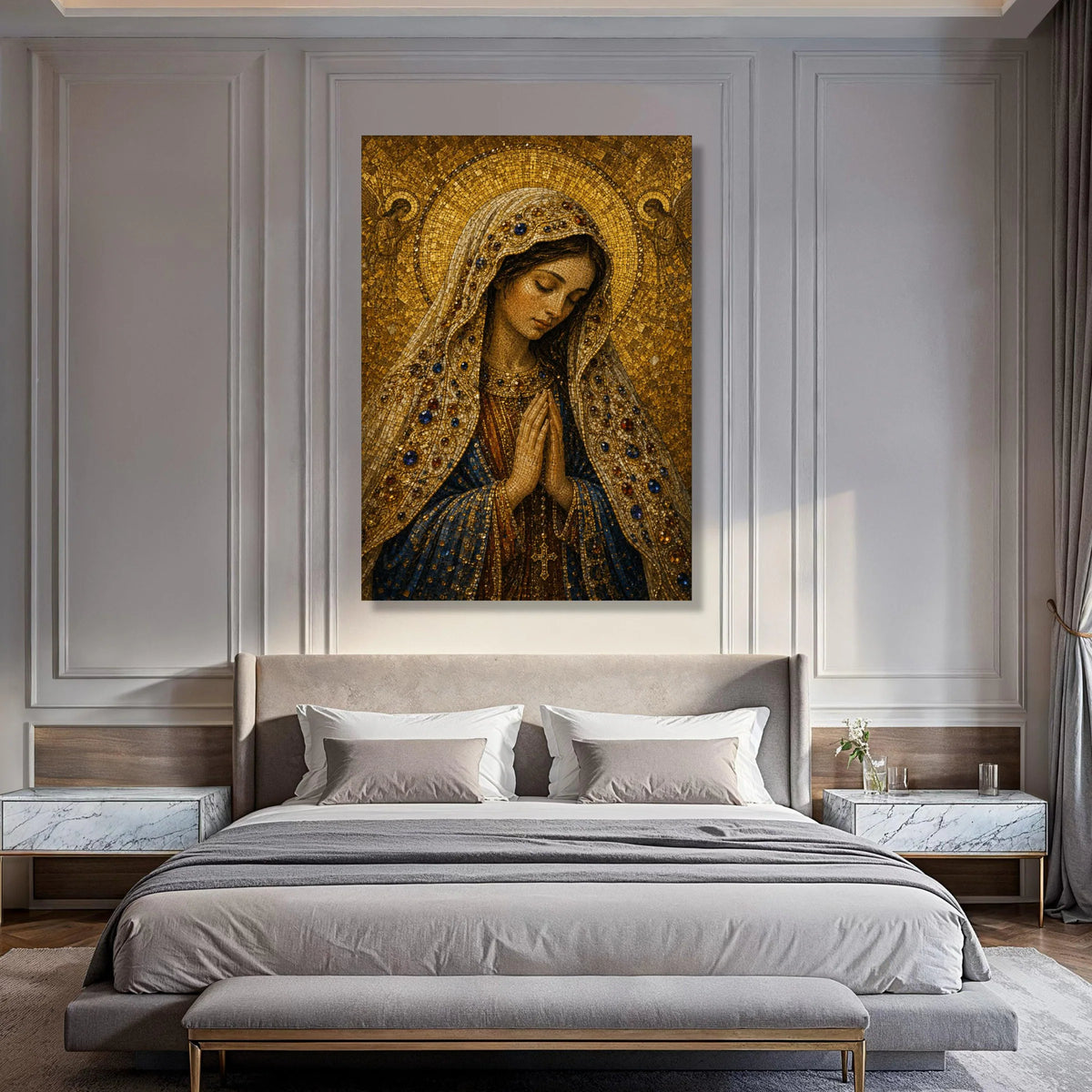 Praying Virgin Mary Canvas Wall Art, Religious Mosaic Design, Christian Spiritual Decor, Sacred Madonna Portrait, Inspirational Print Art