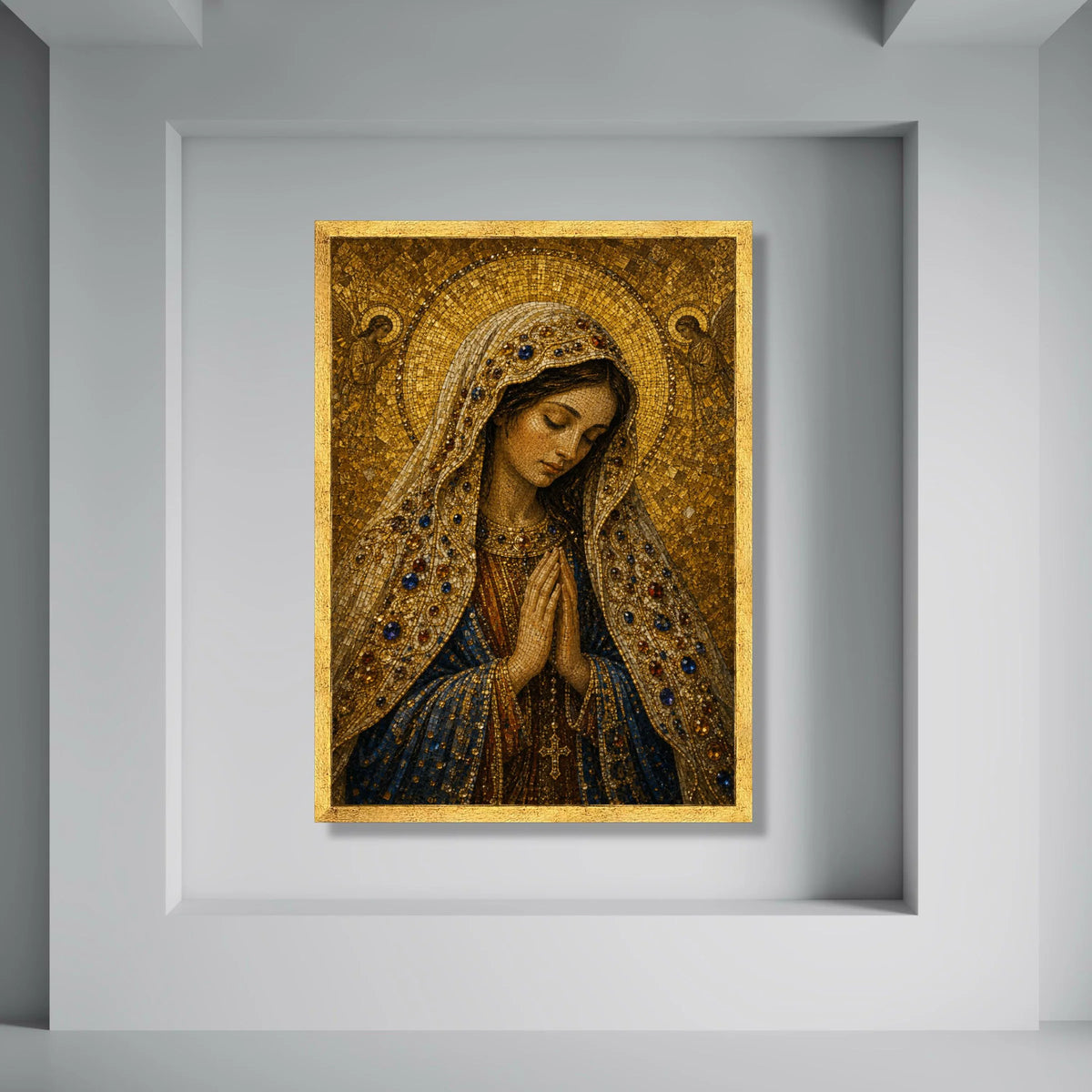 Praying Virgin Mary Canvas Wall Art, Religious Mosaic Design, Christian Spiritual Decor, Sacred Madonna Portrait, Inspirational Print Art