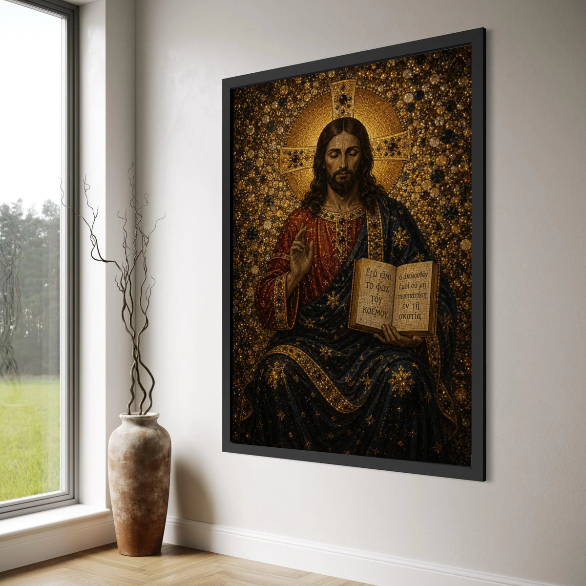 Jesus Christ Icon Canvas, Byzantine Religious Wall Art, Gold Halo Portrait, Christian Scripture Canvas, Sacred Home Decoration Print Art