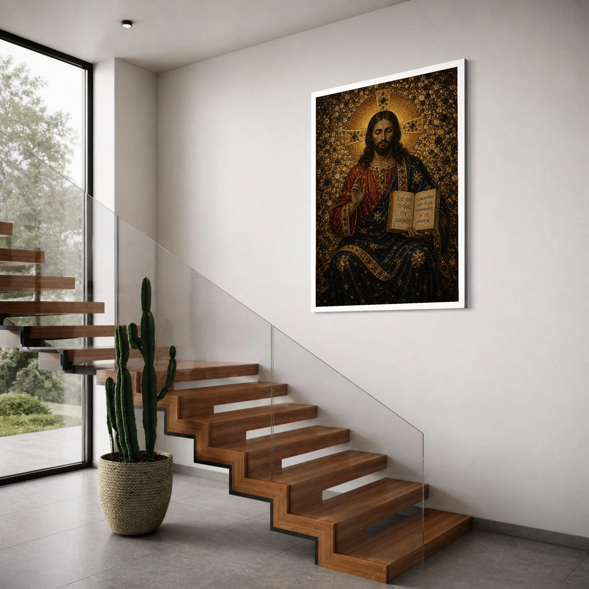 Jesus Christ Icon Canvas, Byzantine Religious Wall Art, Gold Halo Portrait, Christian Scripture Canvas, Sacred Home Decoration Print Art