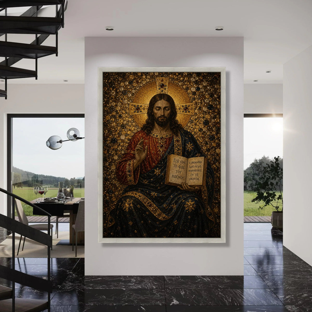 Jesus Christ Icon Canvas, Byzantine Religious Wall Art, Gold Halo Portrait, Christian Scripture Canvas, Sacred Home Decoration Print Art