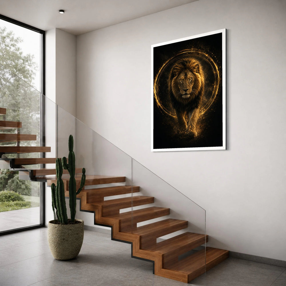 Majestic Lion Canvas Wall Art, Golden Glow Animal Portrait, Strong Wildlife Canvas, Fierce Big Cat Home Decoration, Ready to Hang Print Art