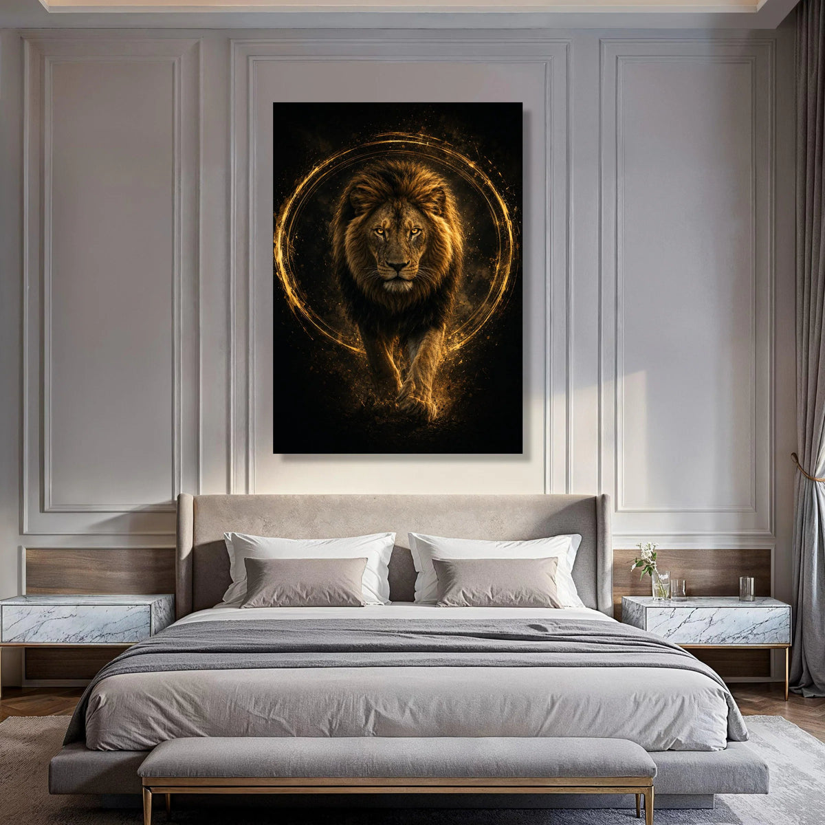 Majestic Lion Canvas Wall Art, Golden Glow Animal Portrait, Strong Wildlife Canvas, Fierce Big Cat Home Decoration, Ready to Hang Print Art
