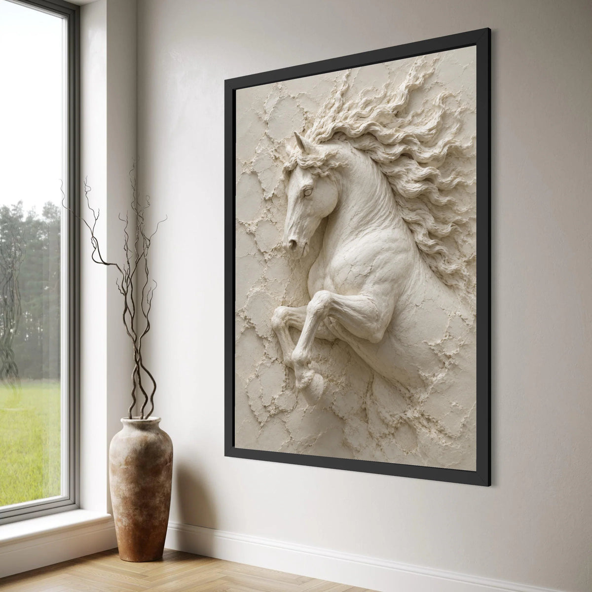 Majestic Rearing Horse Canvas Wall Art, Elegant Equine Sculpture Design, Neutral Toned Horse Decor, Modern Living Room Artwork Print Art