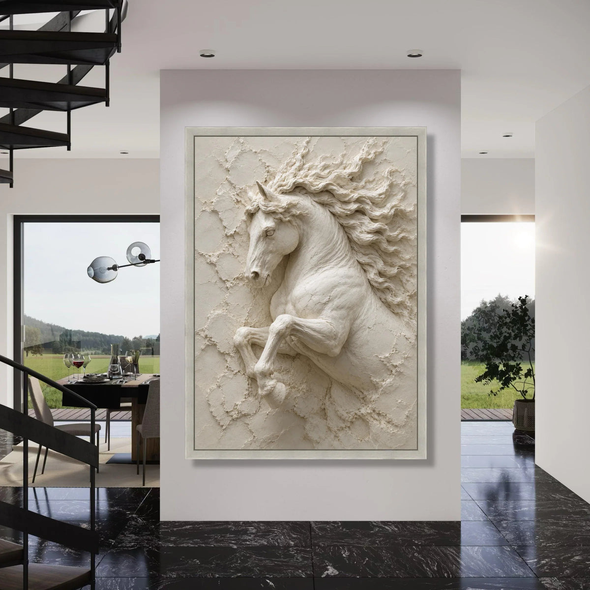 Majestic Rearing Horse Canvas Wall Art, Elegant Equine Sculpture Design, Neutral Toned Horse Decor, Modern Living Room Artwork Print Art