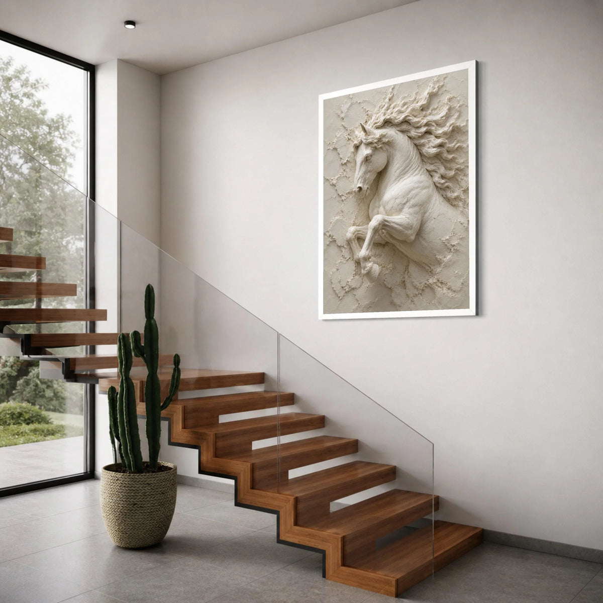 Majestic Rearing Horse Canvas Wall Art, Elegant Equine Sculpture Design, Neutral Toned Horse Decor, Modern Living Room Artwork Print Art