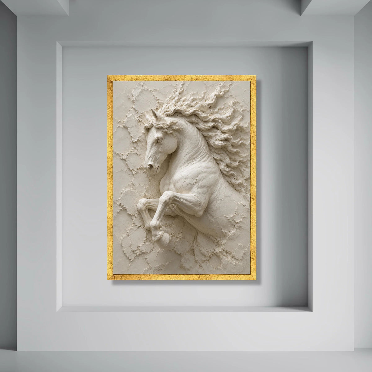 Majestic Rearing Horse Canvas Wall Art, Elegant Equine Sculpture Design, Neutral Toned Horse Decor, Modern Living Room Artwork Print Art