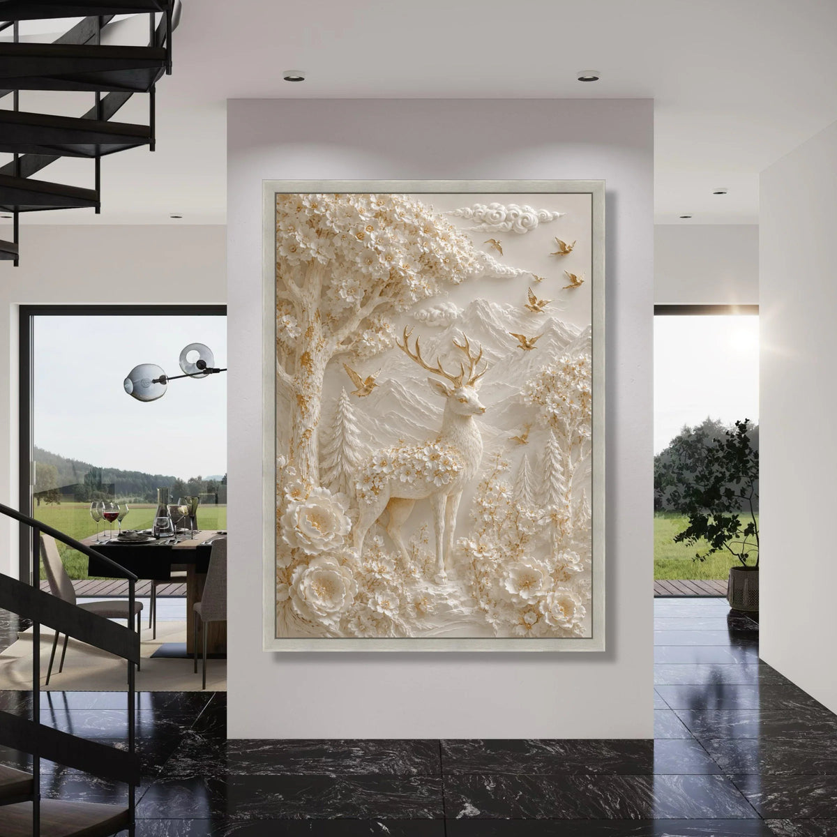 Majestic Deer Blossom Forest Canvas Wall Art, Nature Landscape with Birds and Mountains, Elegant Floral Deer Canvas, Ready to Hang Print Art