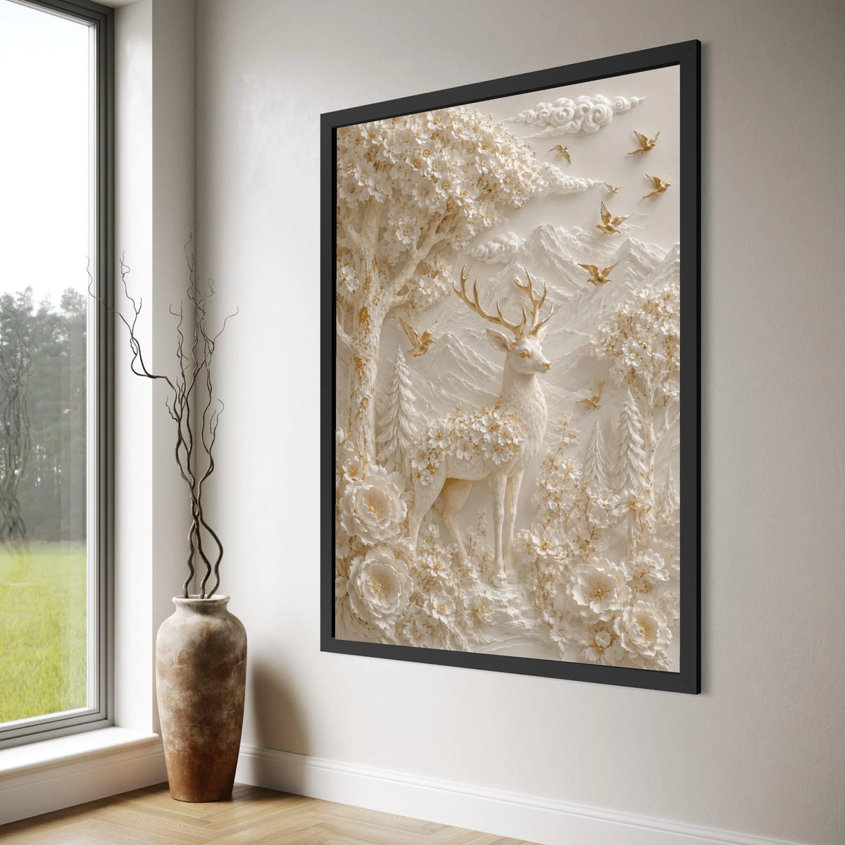 Majestic Deer Blossom Forest Canvas Wall Art, Nature Landscape with Birds and Mountains, Elegant Floral Deer Canvas, Ready to Hang Print Art
