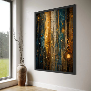 Illuminated Abstract Mosaic Canvas, Gold and Blue Vertical Stripes Wall Art, Modern Geometric Decor, Artistic Home Canvas Print Art