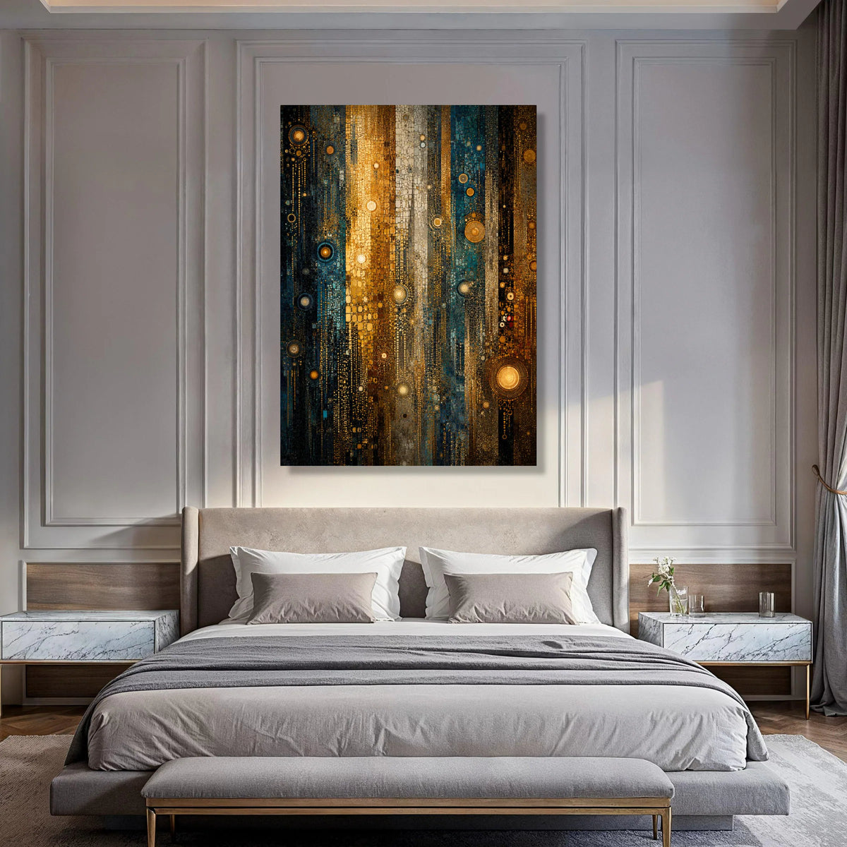 Illuminated Abstract Mosaic Canvas, Gold and Blue Vertical Stripes Wall Art, Modern Geometric Decor, Artistic Home Canvas Print Art