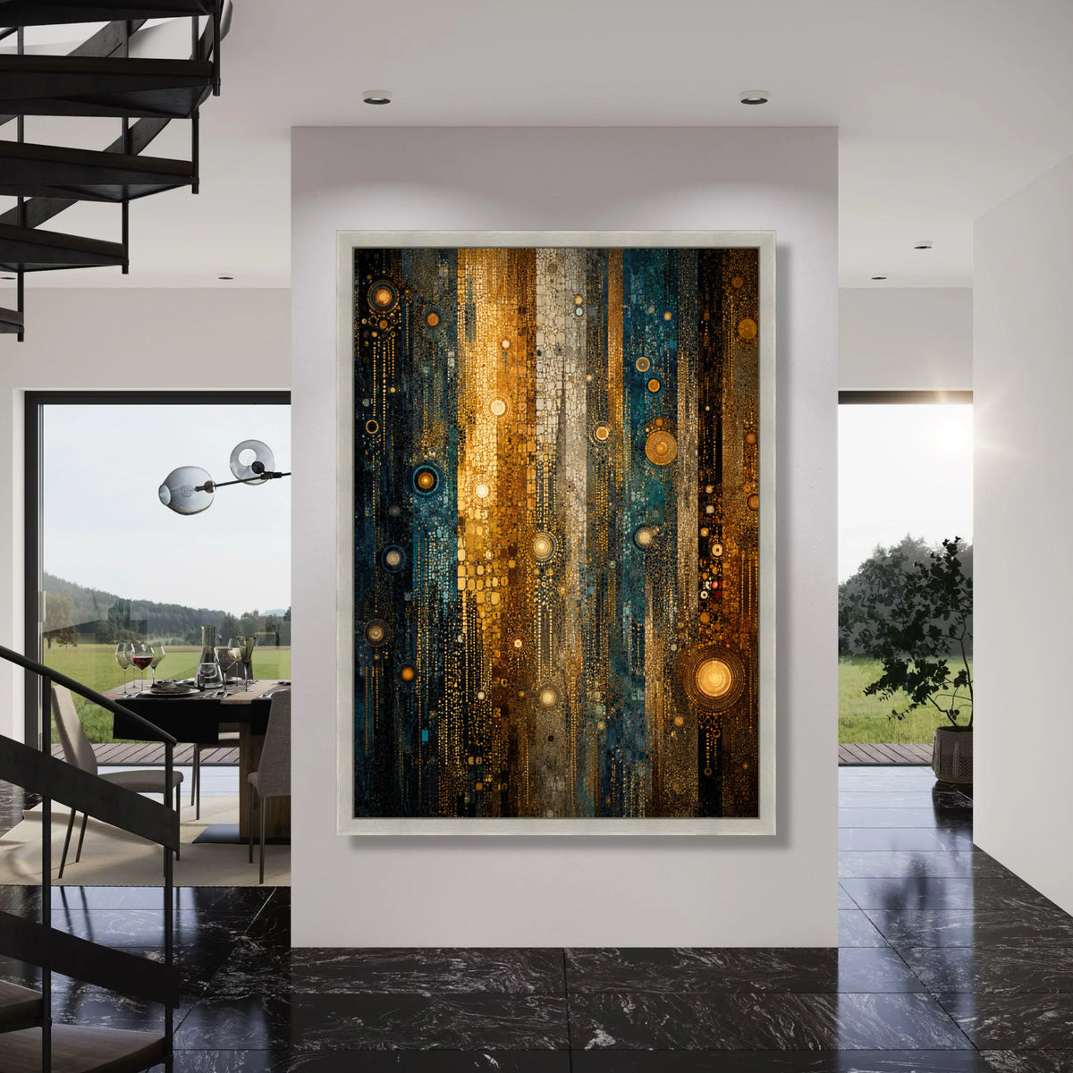 Illuminated Abstract Mosaic Canvas, Gold and Blue Vertical Stripes Wall Art, Modern Geometric Decor, Artistic Home Canvas Print Art