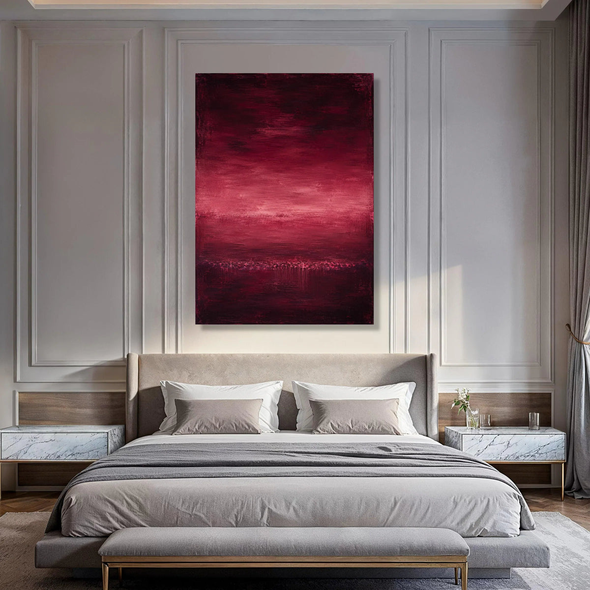 Deep Red Horizon Canvas Wall Art, Abstract Landscape Painting, Modern Home Decoration, Moody Color Gradient Canvas, Ready to Hang Print Art