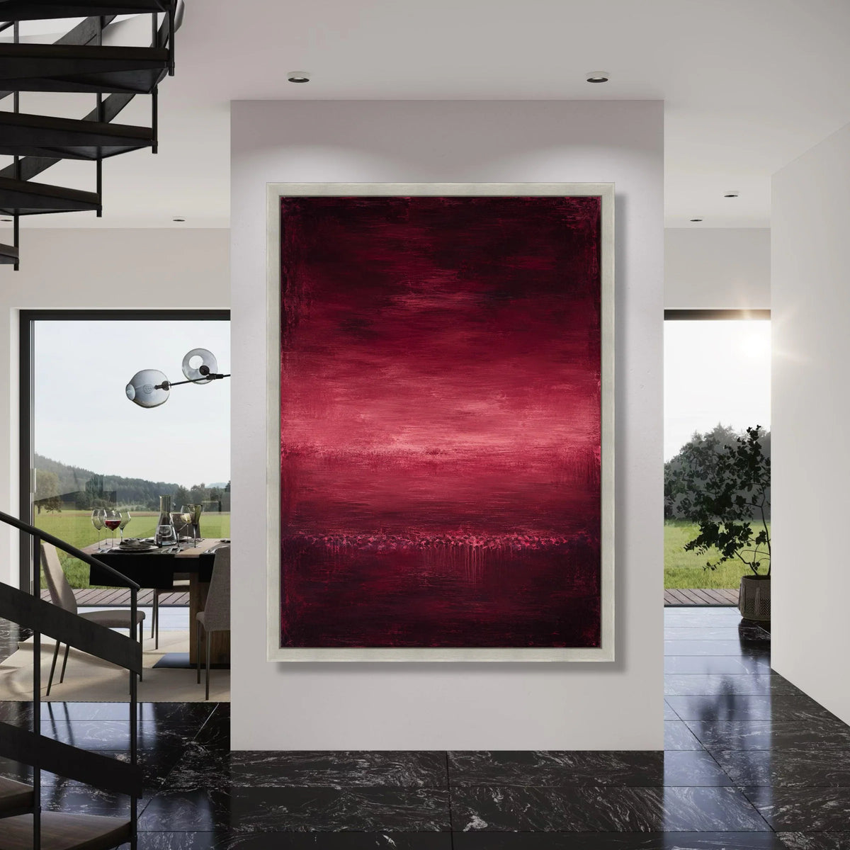 Deep Red Horizon Canvas Wall Art, Abstract Landscape Painting, Modern Home Decoration, Moody Color Gradient Canvas, Ready to Hang Print Art