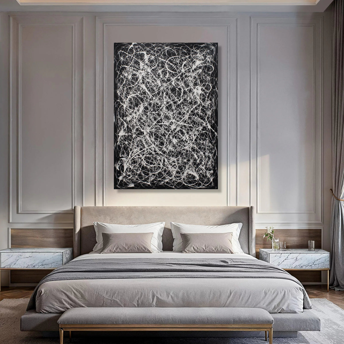 Modern Abstract Black and White Canvas Wall Art, Dynamic Line Art Painting, Contemporary Home Decor, Ready to Hang Canvas Design Print Art