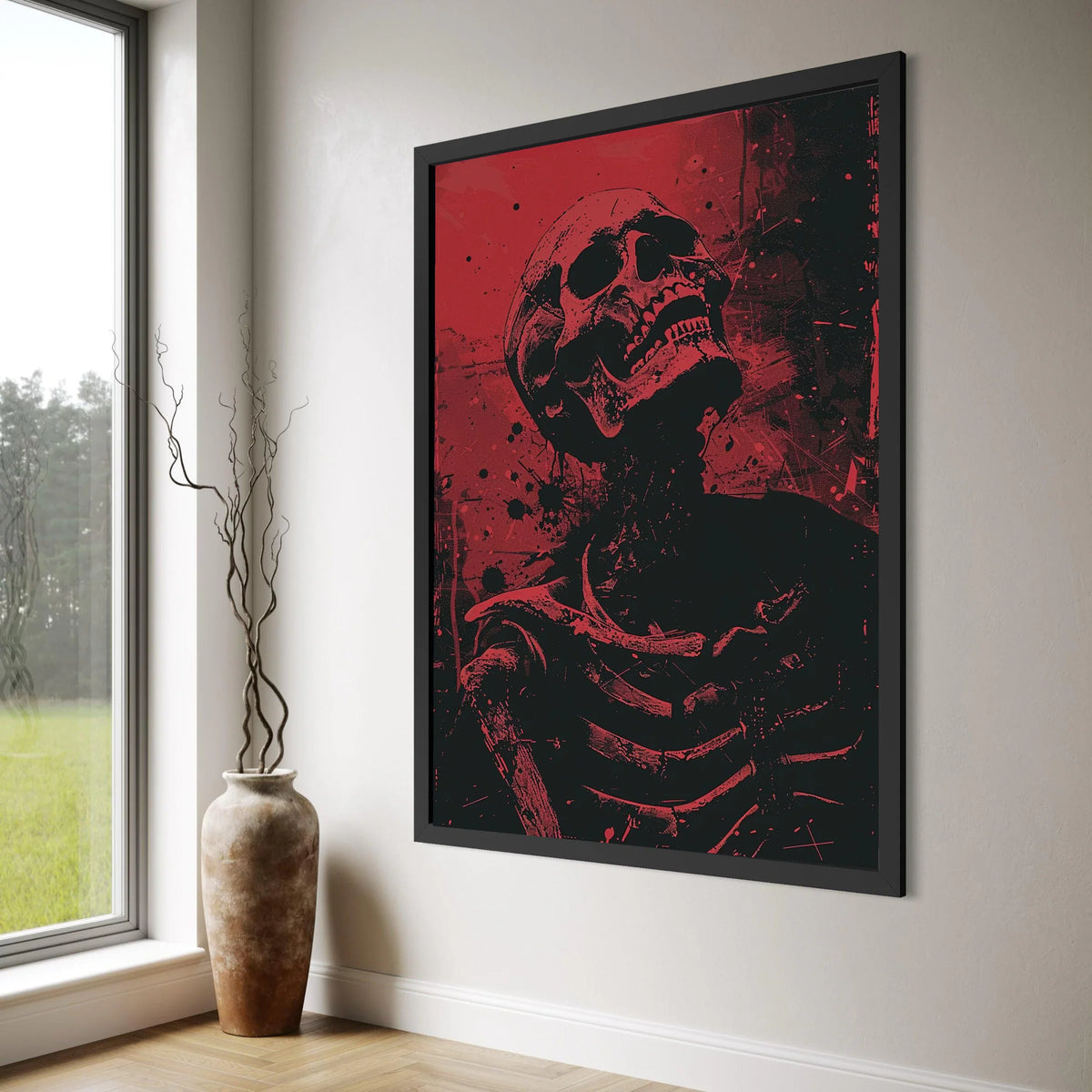 Red and Black Skeleton Canvas Wall Art, Dark Goth Skull Print, Halloween Home Decoration, Edgy Horror Wall Decor, Modern Gothic Print Art