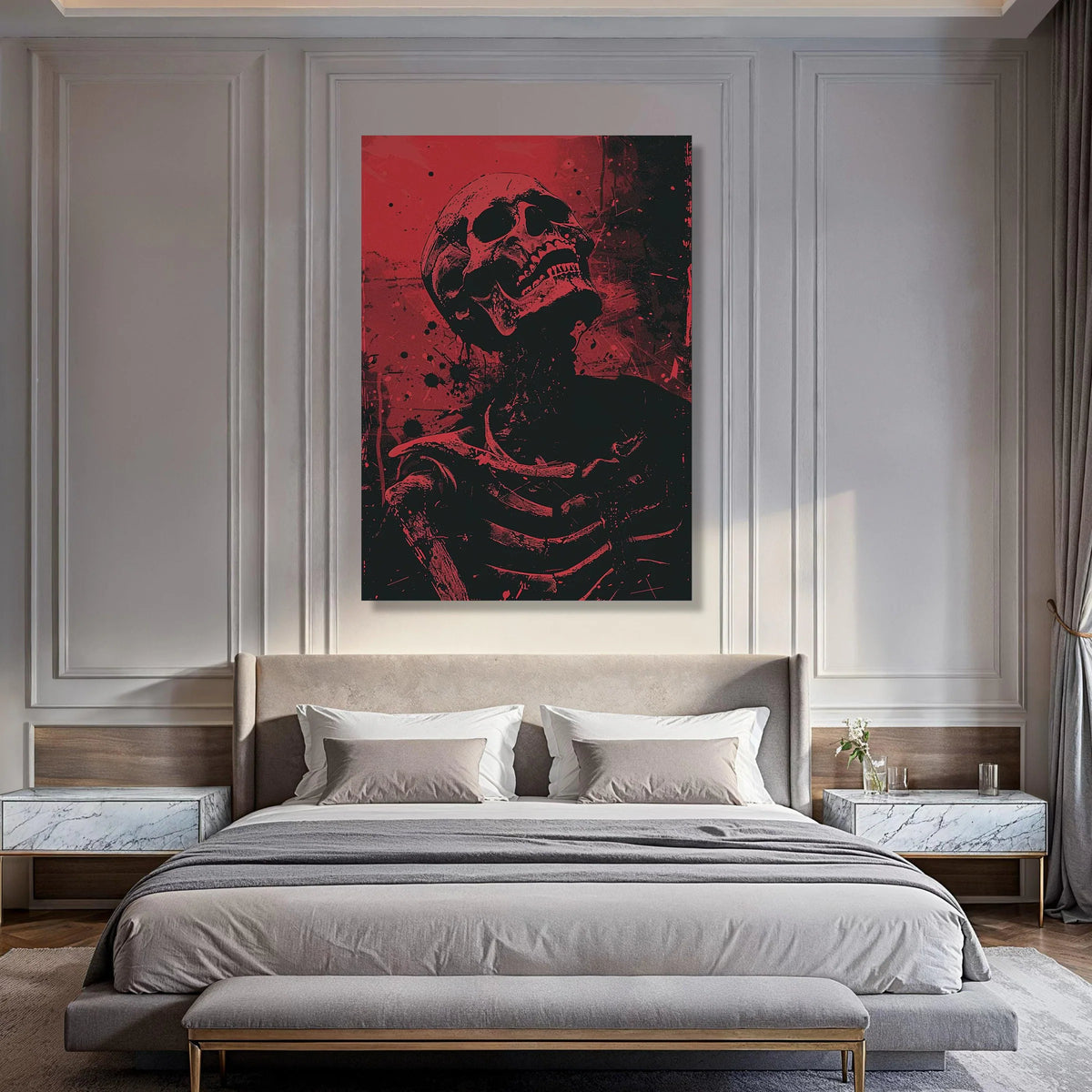Red and Black Skeleton Canvas Wall Art, Dark Goth Skull Print, Halloween Home Decoration, Edgy Horror Wall Decor, Modern Gothic Print Art
