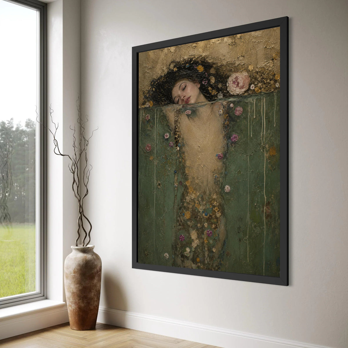 Dreamy Woman Bathing Canvas Wall Art, Floral Abstract Portrait, Elegant Female Figure Canvas, Relaxing Home Decoration Art Print Art