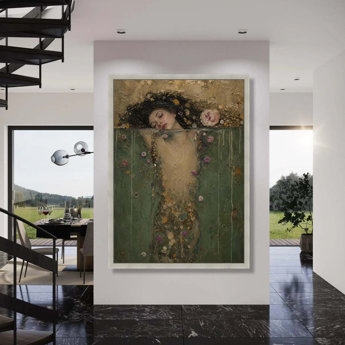 Dreamy Woman Bathing Canvas Wall Art, Floral Abstract Portrait, Elegant Female Figure Canvas, Relaxing Home Decoration Art Print Art