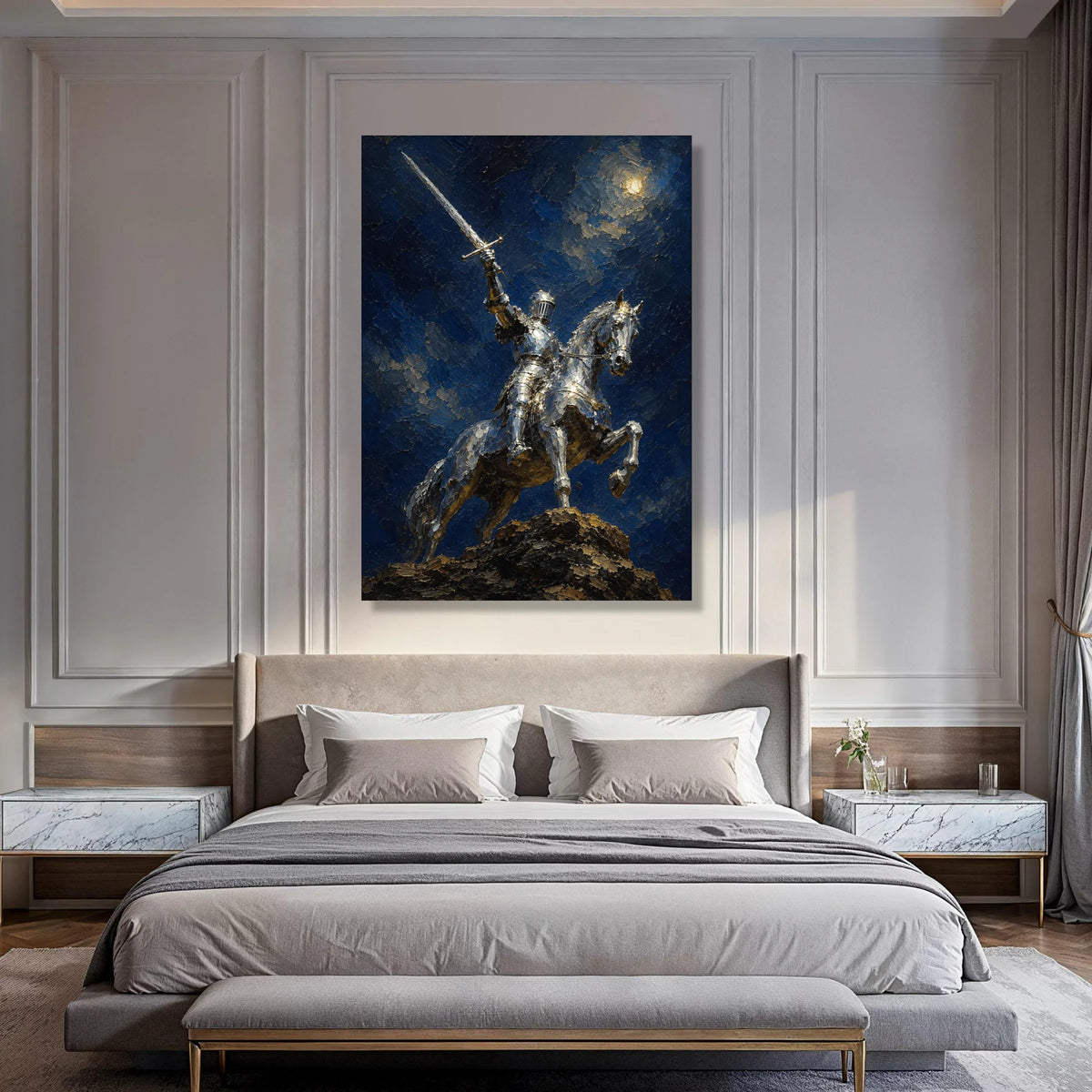 Medieval Knight on Horseback Canvas, Moonlit Knight Wall Art, Historic Warrior Canvas, Equestrian Armor Decoration, Bold Heroic Print Art