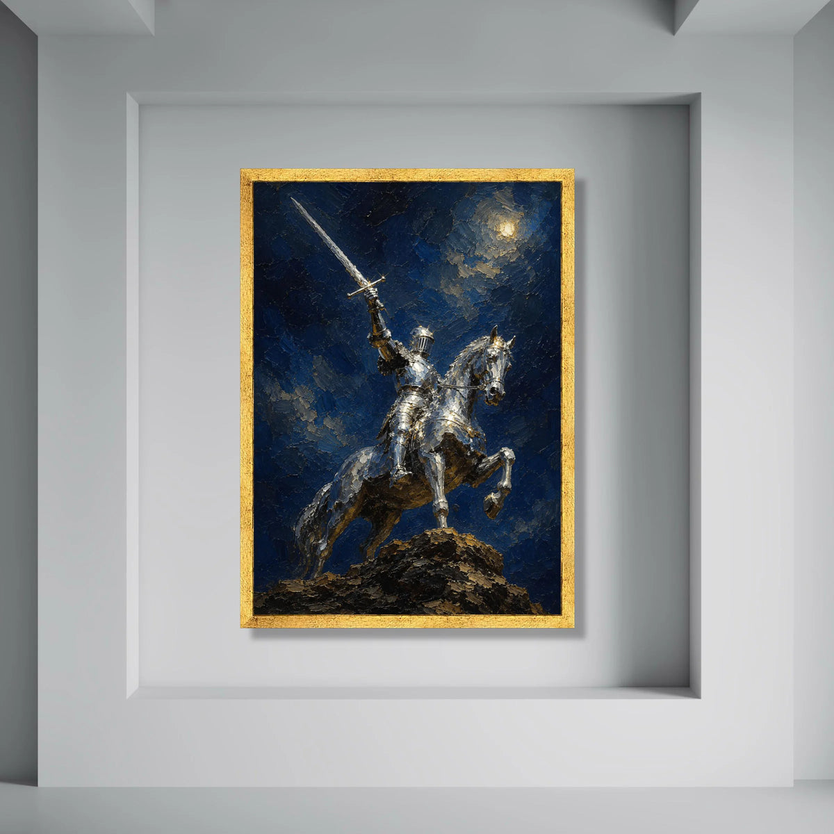 Medieval Knight on Horseback Canvas, Moonlit Knight Wall Art, Historic Warrior Canvas, Equestrian Armor Decoration, Bold Heroic Print Art