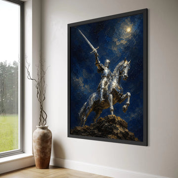 Medieval Knight on Horseback Canvas, Moonlit Knight Wall Art, Historic Warrior Canvas, Equestrian Armor Decoration, Bold Heroic Print Art