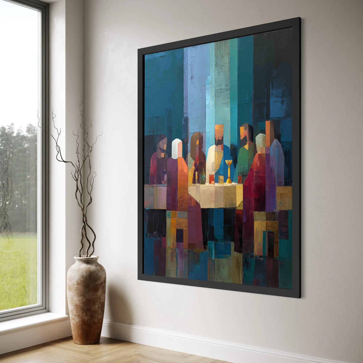 Abstract Last Supper Canvas Wall Art, Modern Religious Painting, Geometric Figure Art, Spiritual Home Decoration, Ready to Hang Print Art