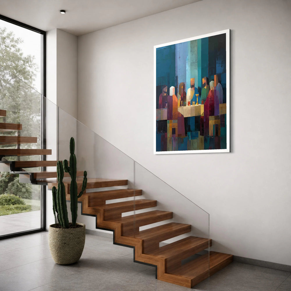 Abstract Last Supper Canvas Wall Art, Modern Religious Painting, Geometric Figure Art, Spiritual Home Decoration, Ready to Hang Print Art