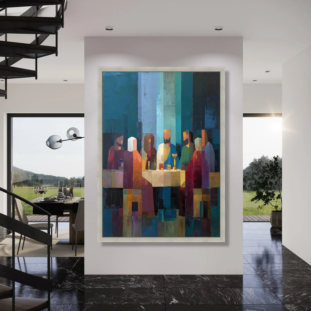 Abstract Last Supper Canvas Wall Art, Modern Religious Painting, Geometric Figure Art, Spiritual Home Decoration, Ready to Hang Print Art