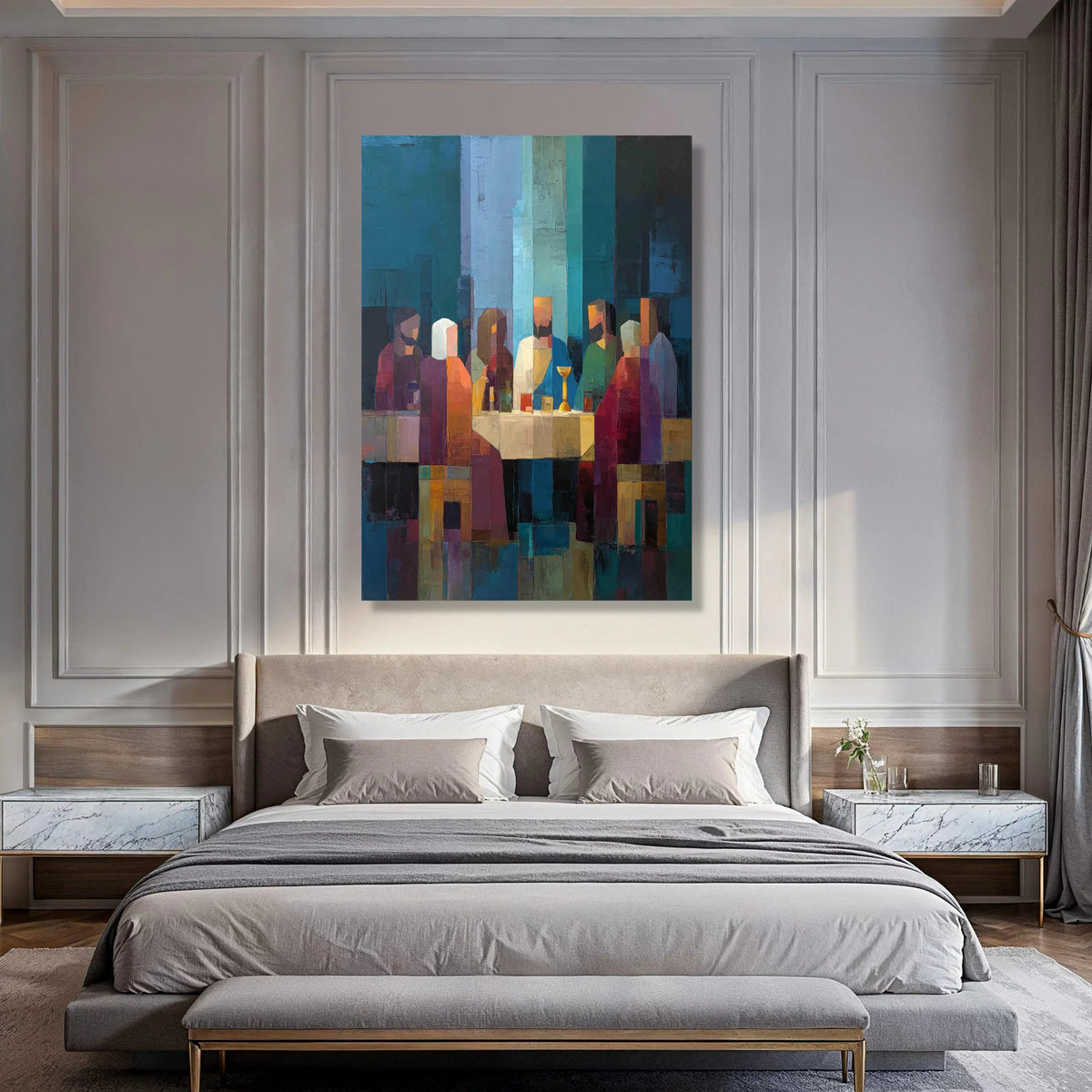 Abstract Last Supper Canvas Wall Art, Modern Religious Painting, Geometric Figure Art, Spiritual Home Decoration, Ready to Hang Print Art