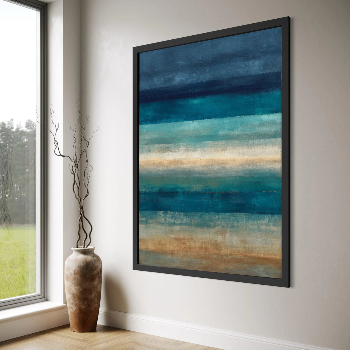 Tranquil Ocean Horizon Canvas, Abstract Blue Sea Wall Art, Horizontal Stripes Painting, Coastal Home Decor, Calm Seascape Canvas Print Art