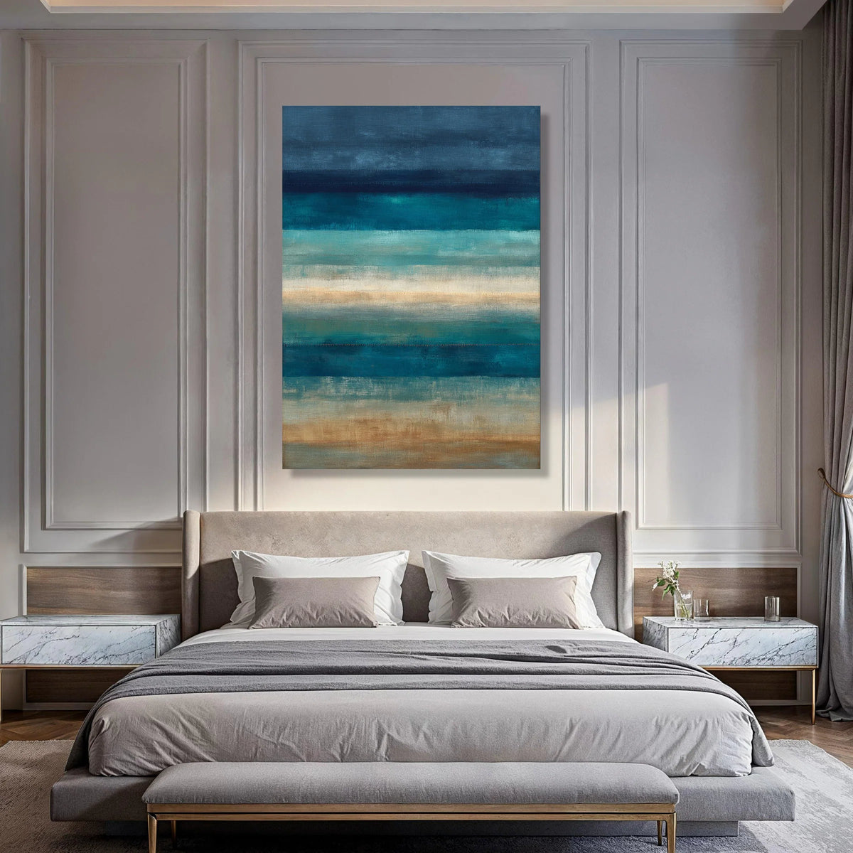 Tranquil Ocean Horizon Canvas, Abstract Blue Sea Wall Art, Horizontal Stripes Painting, Coastal Home Decor, Calm Seascape Canvas Print Art