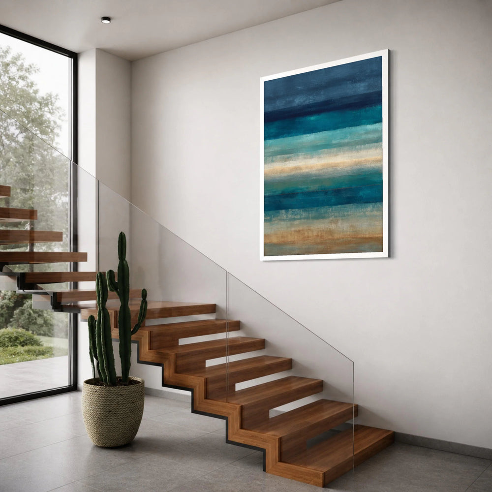 Tranquil Ocean Horizon Canvas, Abstract Blue Sea Wall Art, Horizontal Stripes Painting, Coastal Home Decor, Calm Seascape Canvas Print Art