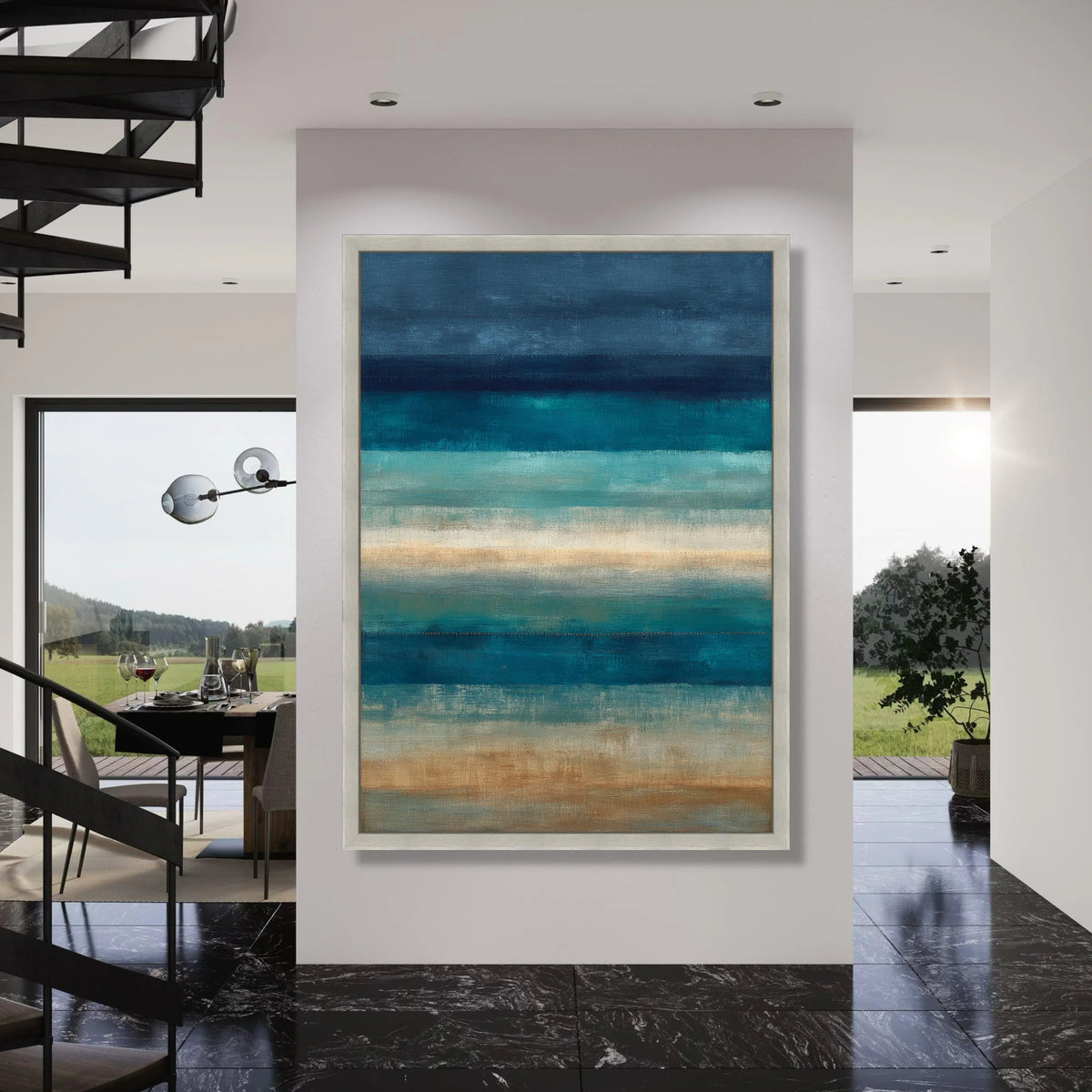 Tranquil Ocean Horizon Canvas, Abstract Blue Sea Wall Art, Horizontal Stripes Painting, Coastal Home Decor, Calm Seascape Canvas Print Art