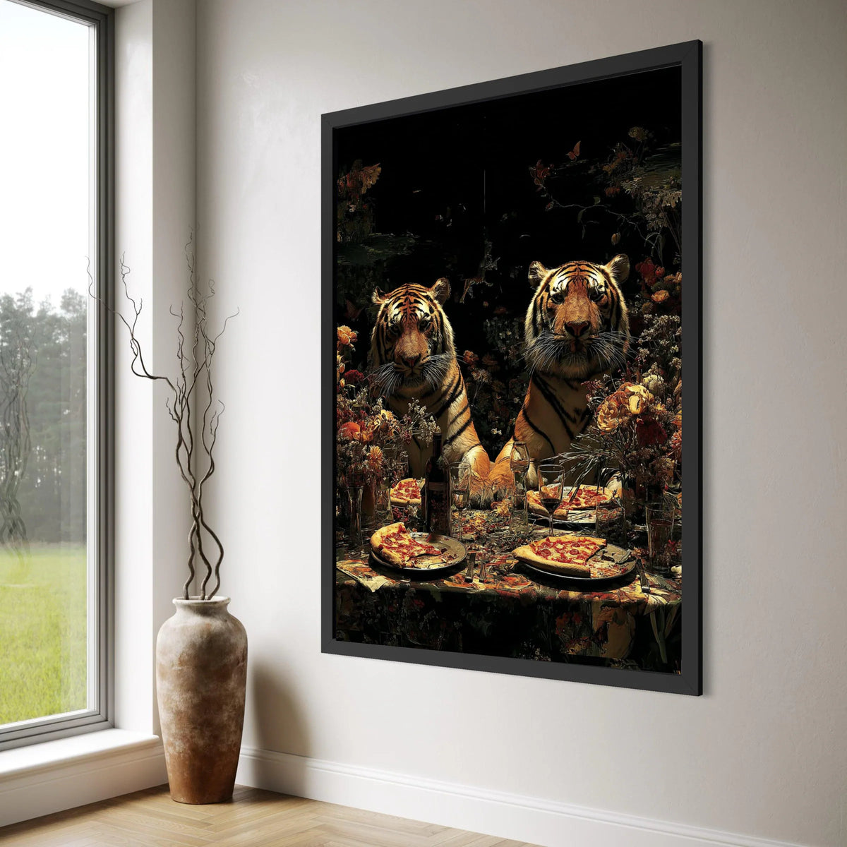 Regal Tiger Dinner Scene Canvas, Wild Animal Wall Art, Surreal Nature Illustration, Exotic Wildlife Decor, Vibrant Dining Table Print Art