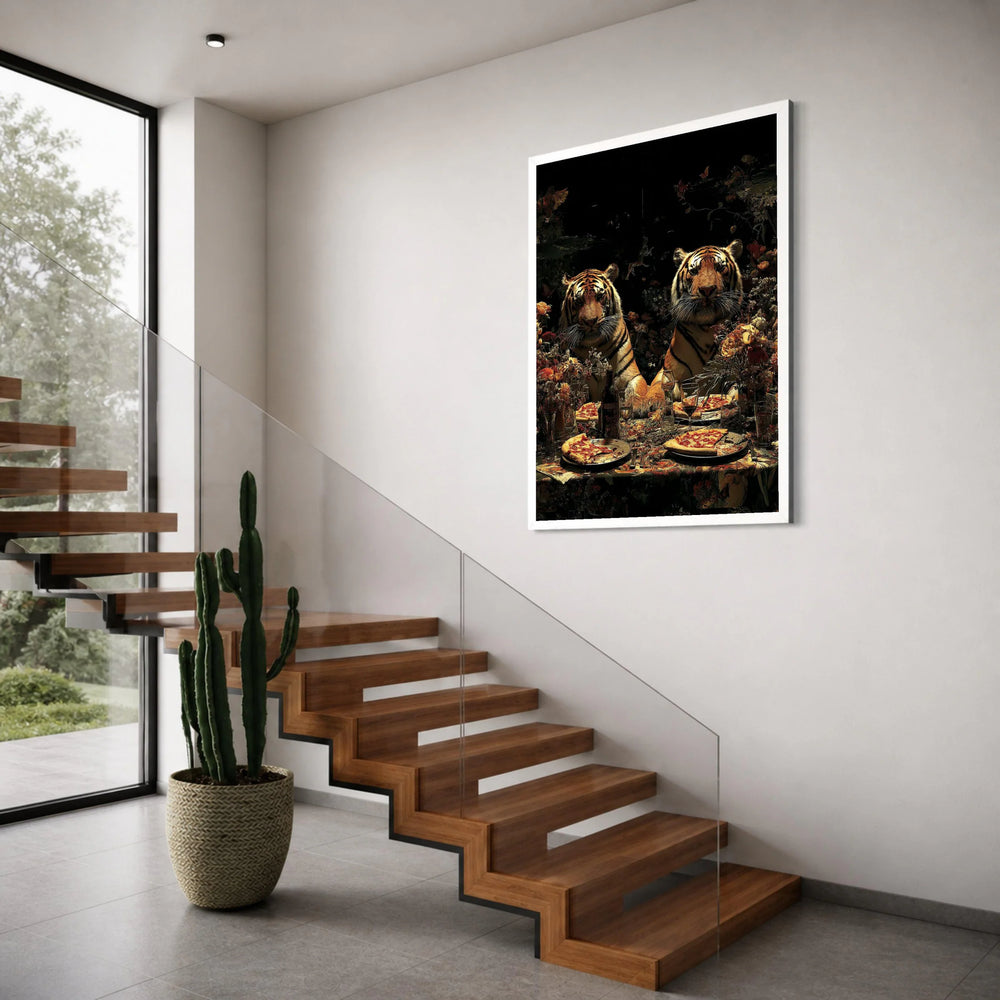 Regal Tiger Dinner Scene Canvas, Wild Animal Wall Art, Surreal Nature Illustration, Exotic Wildlife Decor, Vibrant Dining Table Print Art