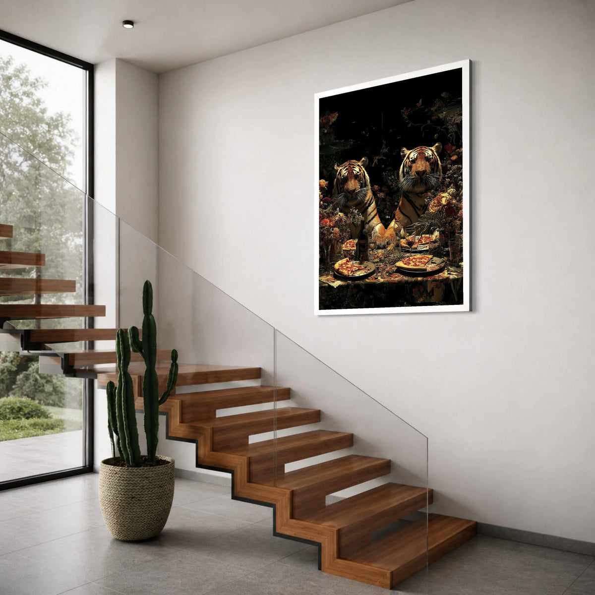 Regal Tiger Dinner Scene Canvas, Wild Animal Wall Art, Surreal Nature Illustration, Exotic Wildlife Decor, Vibrant Dining Table Print Art