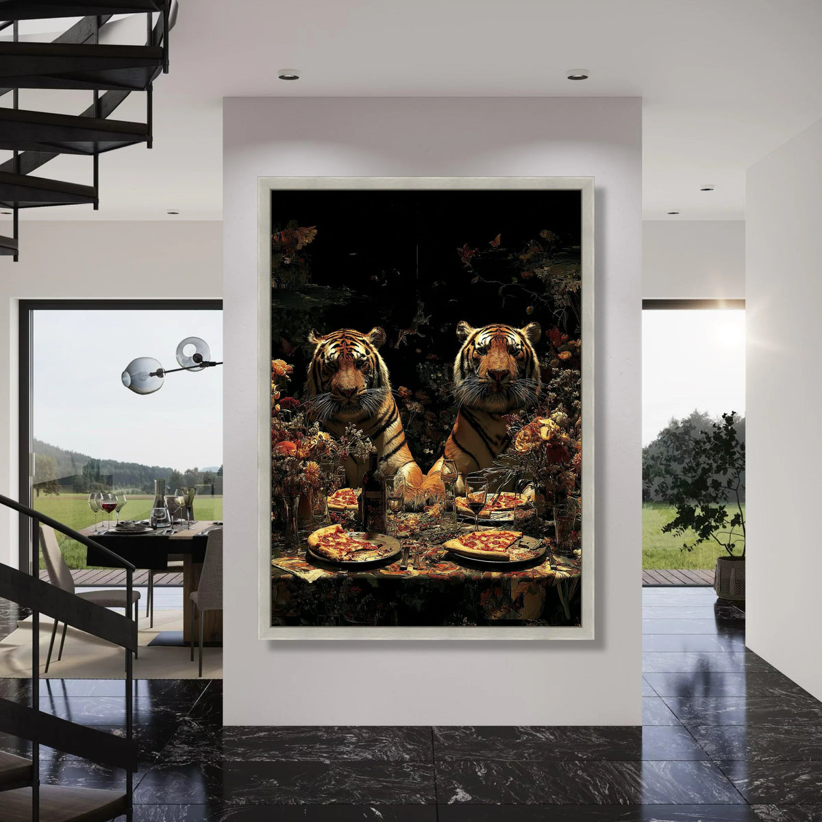 Regal Tiger Dinner Scene Canvas, Wild Animal Wall Art, Surreal Nature Illustration, Exotic Wildlife Decor, Vibrant Dining Table Print Art
