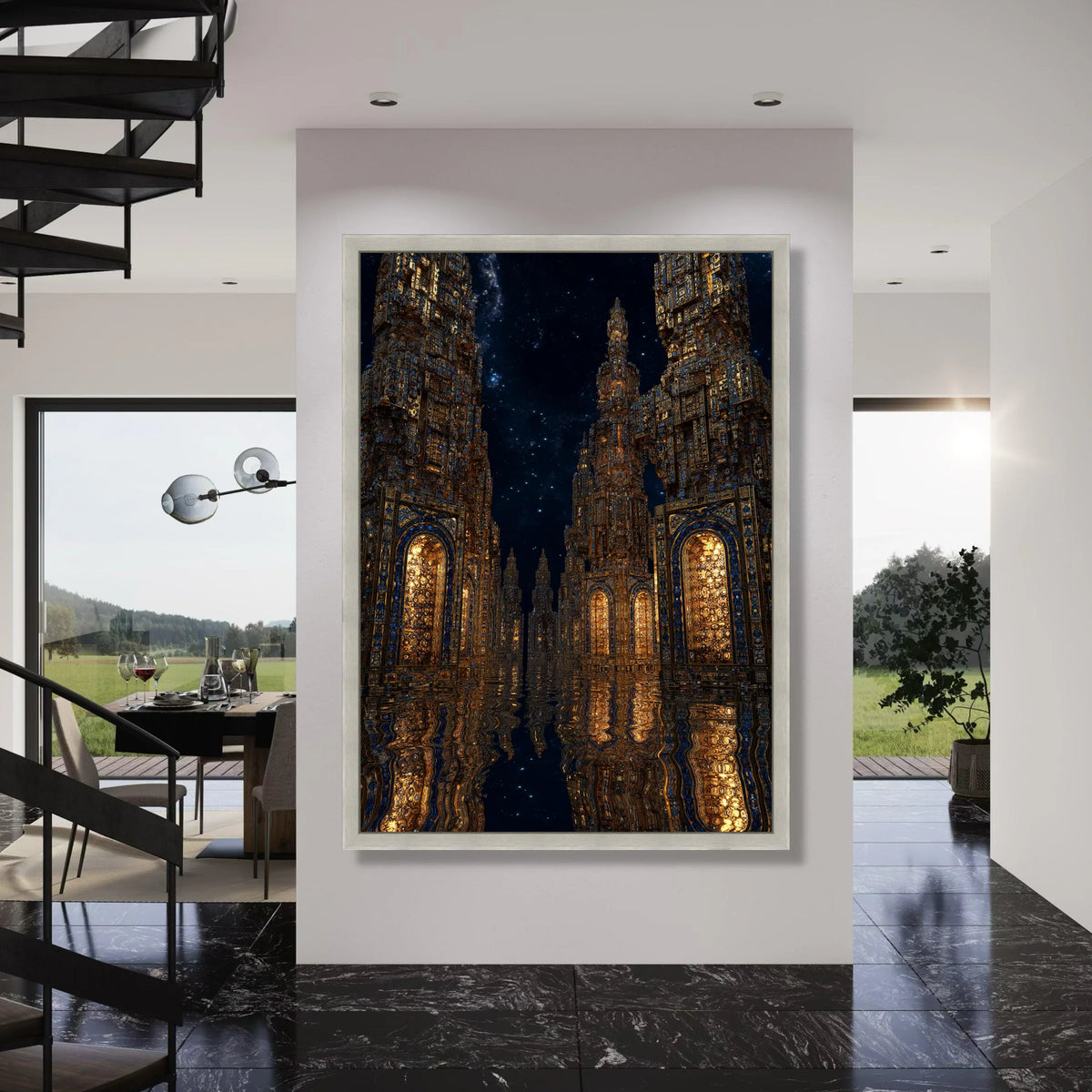 Illuminated Ancient Towers Canvas, Mystical Nightscape Wall Art, Reflective Water Scene, Fantasy Architecture Canvas, Home Decor Print Art