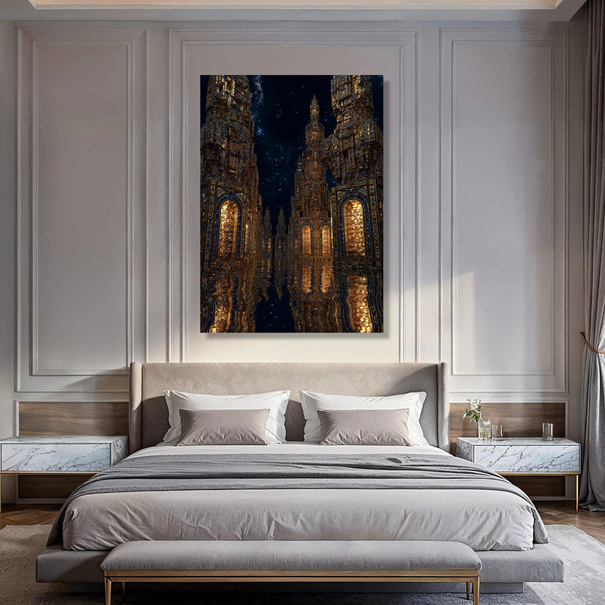 Illuminated Ancient Towers Canvas, Mystical Nightscape Wall Art, Reflective Water Scene, Fantasy Architecture Canvas, Home Decor Print Art