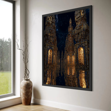 Illuminated Ancient Towers Canvas, Mystical Nightscape Wall Art, Reflective Water Scene, Fantasy Architecture Canvas, Home Decor Print Art