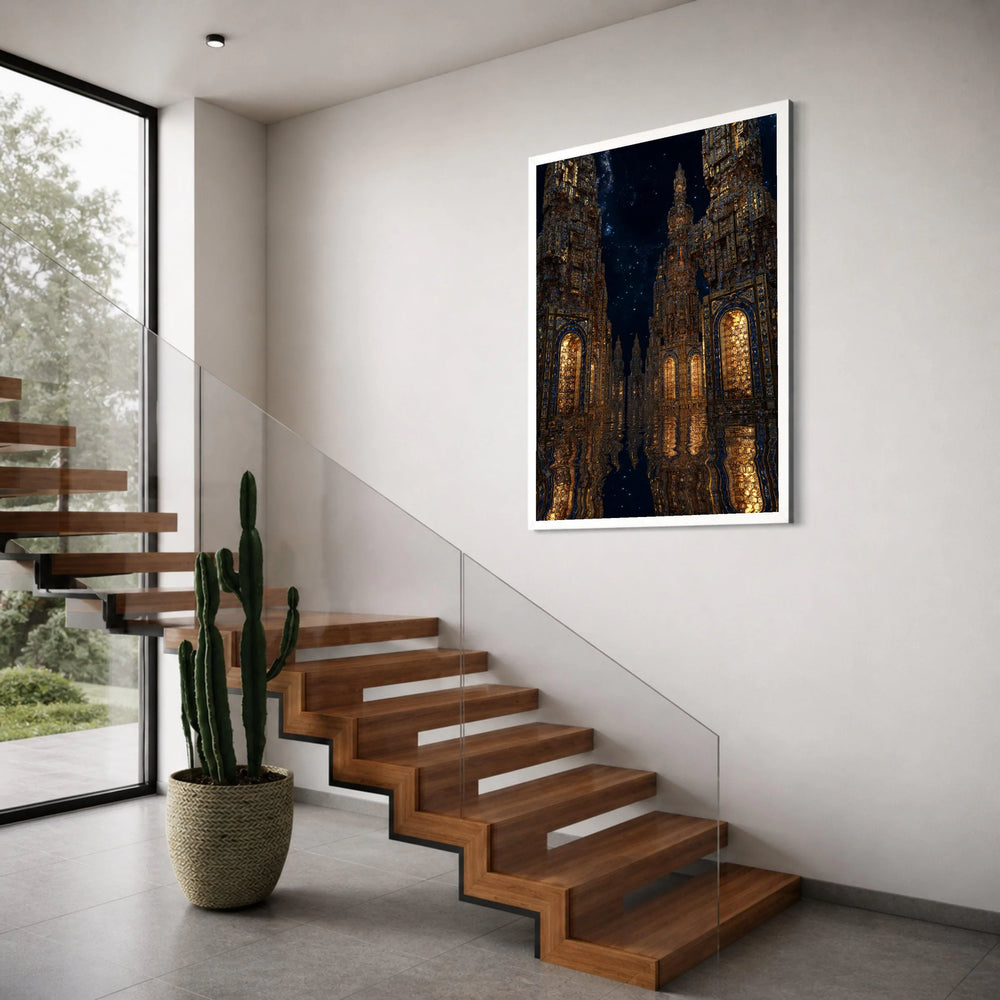 Illuminated Ancient Towers Canvas, Mystical Nightscape Wall Art, Reflective Water Scene, Fantasy Architecture Canvas, Home Decor Print Art