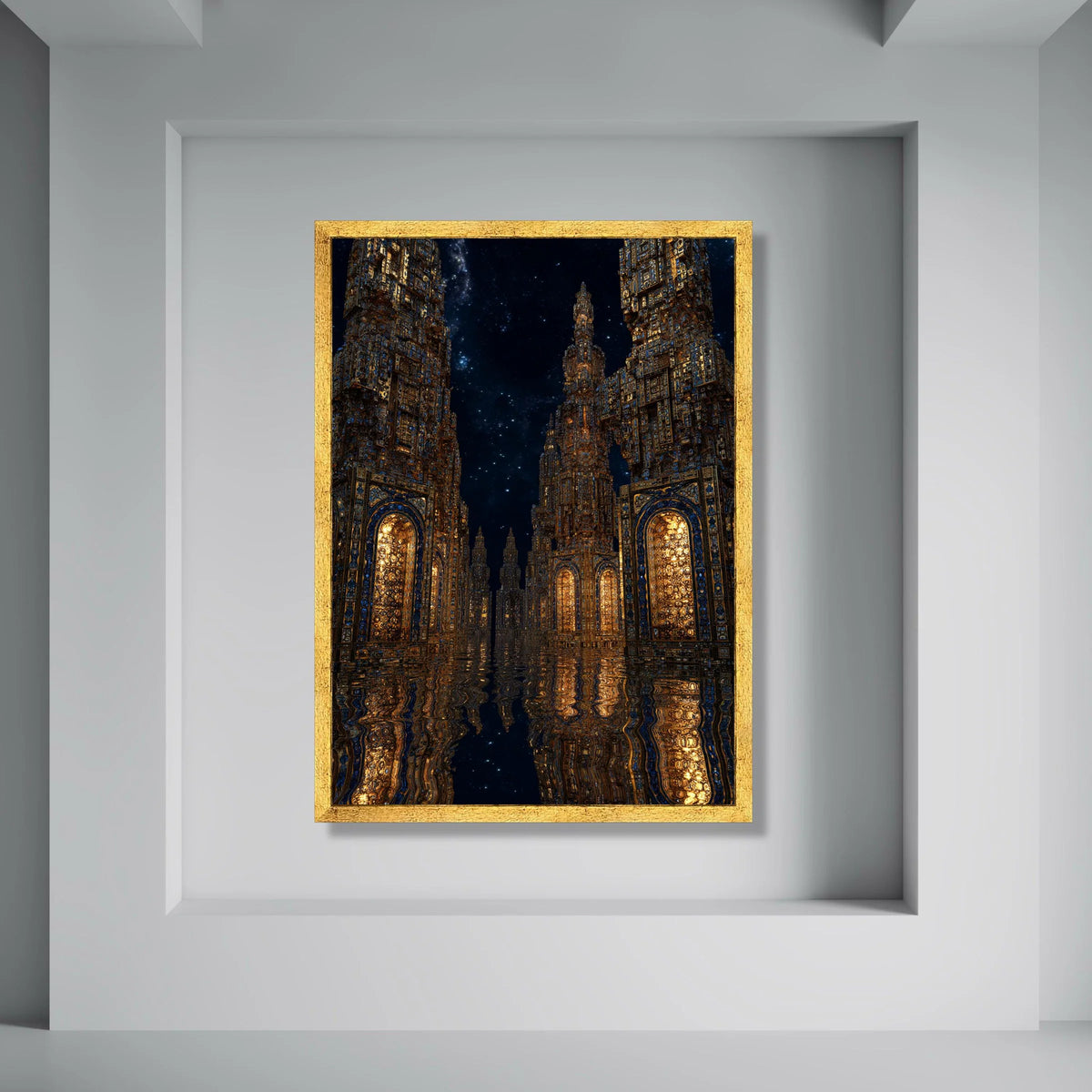 Illuminated Ancient Towers Canvas, Mystical Nightscape Wall Art, Reflective Water Scene, Fantasy Architecture Canvas, Home Decor Print Art