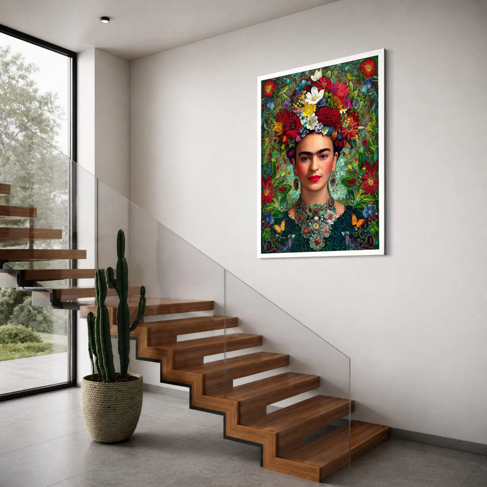Vibrant Floral Crown Portrait Canvas, Ethnic Woman Wall Art, Colorful Botanical Decoration, Artistic Face Canvas, Home Gallery Print Art