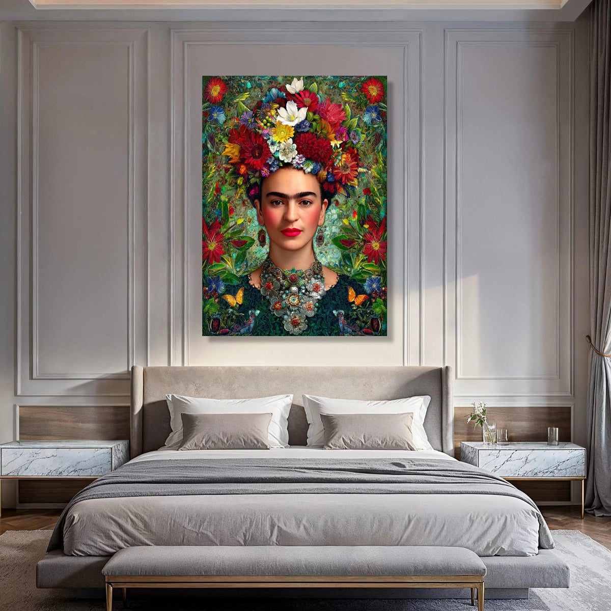 Vibrant Floral Crown Portrait Canvas, Ethnic Woman Wall Art, Colorful Botanical Decoration, Artistic Face Canvas, Home Gallery Print Art